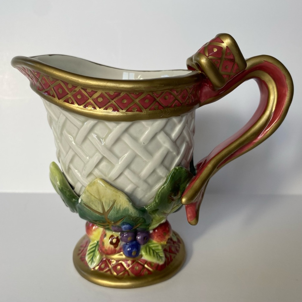 Fitz And Floyd Christmas Creamer Now Fruit White Basket Red Gold trim EUC Mint!